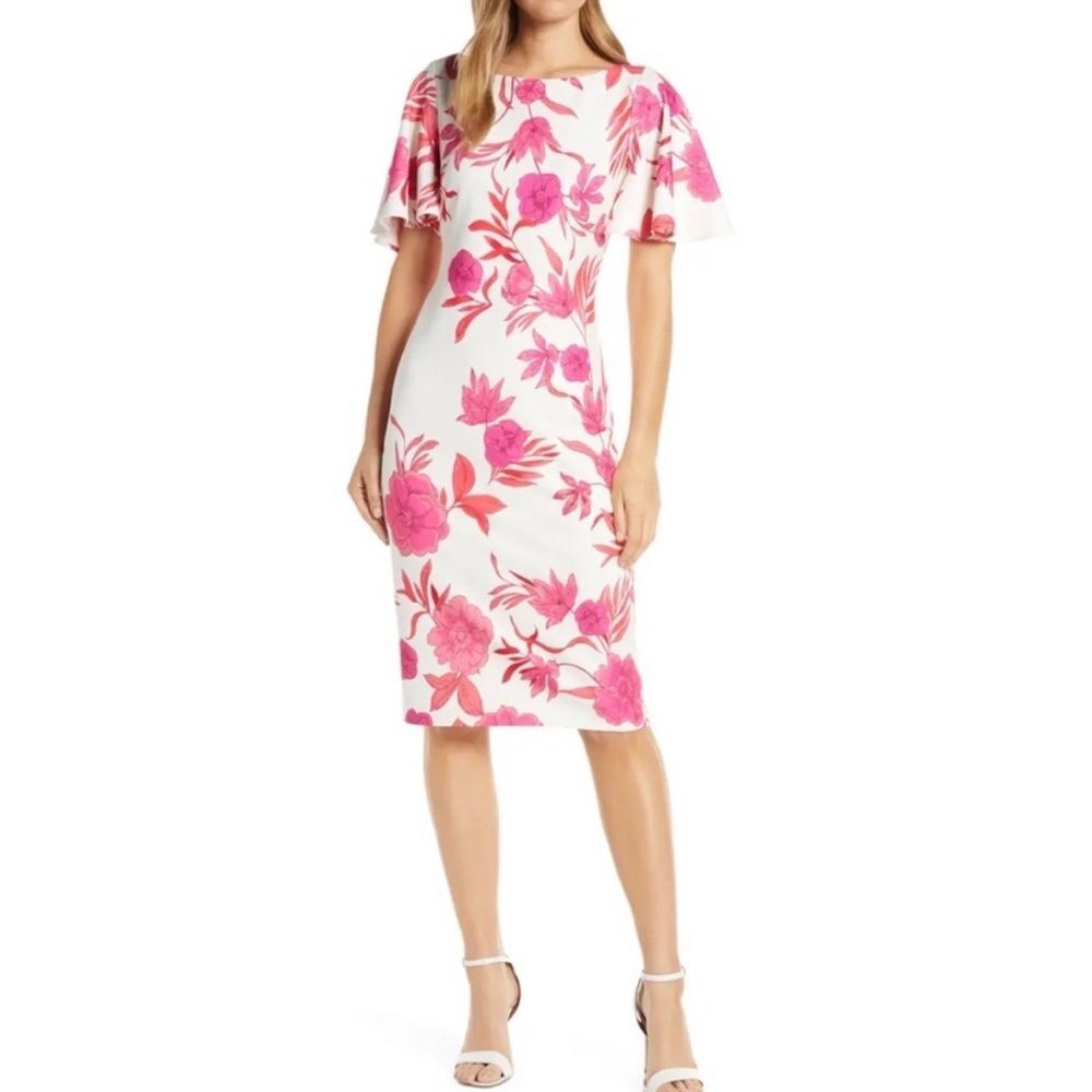 Jessica Howard beautiful white and pink floral flutter sleeve dress size 12